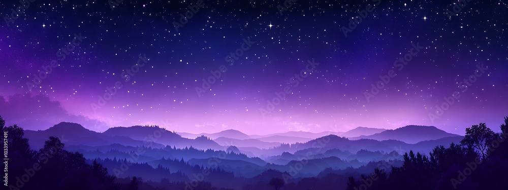 A purple sky with stars, a forest on the horizon, in the style of cartoon style, in the style of vector graphics A purple sky with stars, a forest on the horizon, in the style of cartoon style, in the style of vector graphics