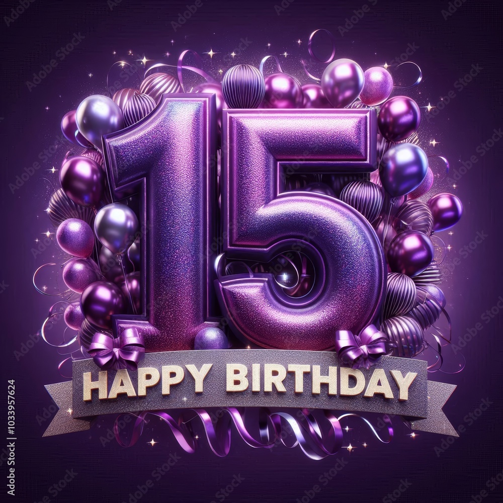 Obraz premium A vibrant 15th birthday decoration featuring purple balloons and a glittering number.