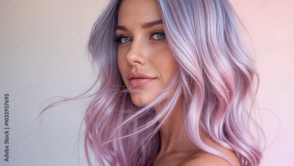 Young woman with vibrant pastel pink and purple hair gazes confidently, showcasing trendy hair color and flawless makeup in a soft, dreamy portrait Young woman with vibrant pastel pink and purple hair gazes confidently, showcasing trendy hair color and flawless makeup in a soft, dreamy portrait