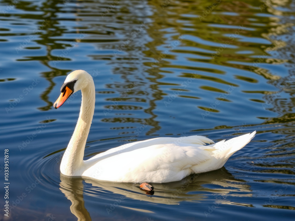 A swan is swimming in a lake. The water is calm and clear. The swan is the main focus of the image A swan is swimming in a lake. The water is calm and clear. The swan is the main focus of the image