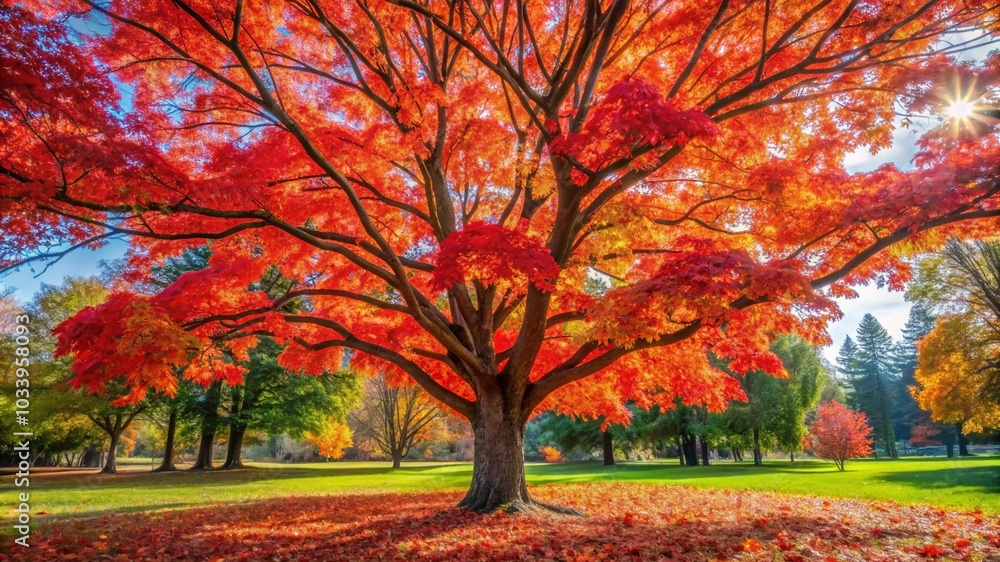 Vibrant red maple leaves hanging from a tree in a scenic autumn landscape Vibrant red maple leaves hanging from a tree in a scenic autumn landscape