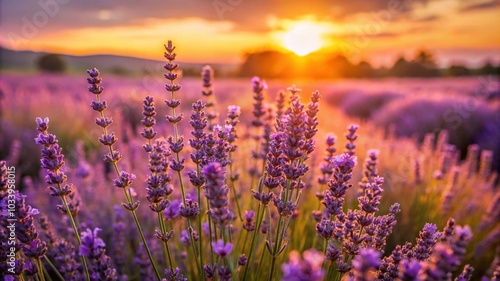 Soft purple lavender flowers basking in the warm glow of the sunset
