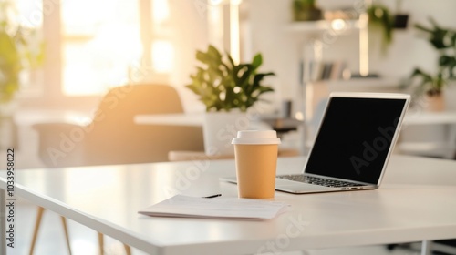 Wallpaper Mural Laptop and Coffee on a Desk in a Bright Office Torontodigital.ca