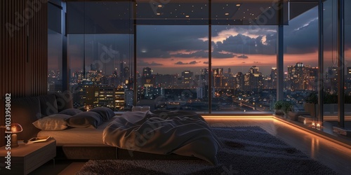 Bedroom view at night city penthouse cityscape.