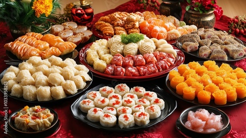 A beautifully arranged assortment of traditional Asian dim sum dishes set on a vibrant red tablecloth, featuring a wide variety of dumplings, buns, and other delicacies.