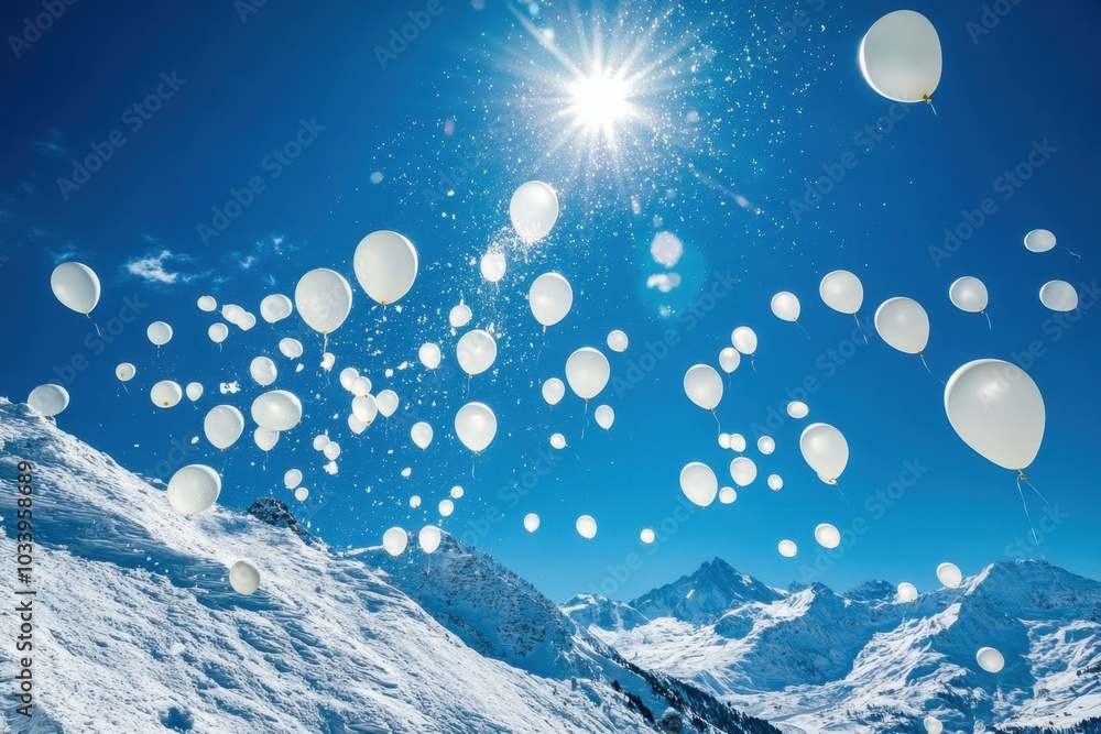 A cluster of white balloons soaring high into the deep blue sky above a snow-covered mountain range, symbolizing purity, freedom, and elevation, with crisp, cold air and bright sunlight A cluster of white balloons soaring high into the deep blue sky above a snow-covered mountain range, symbolizing purity, freedom, and elevation, with crisp, cold air and bright sunlight
