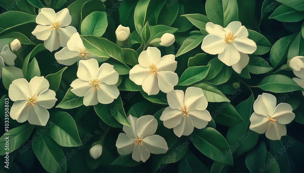 Realistic image of jasmine flowers intertwined with green leaves, showcasing their delicate structure and inviting fragrance in a garden setting Realistic image of jasmine flowers intertwined with green leaves, showcasing their delicate structure and inviting fragrance in a garden setting