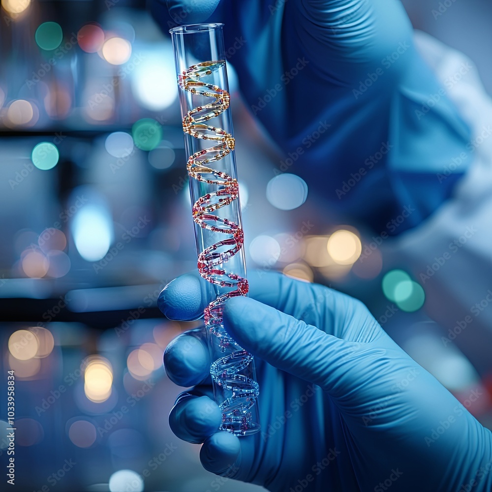 Obraz premium Close up scientist hands holding test tubes with DNA gel. Laboratory worker conducting research in the field of molecular biology. Researcher in blue rubber gloves doing test in laboratory. Background