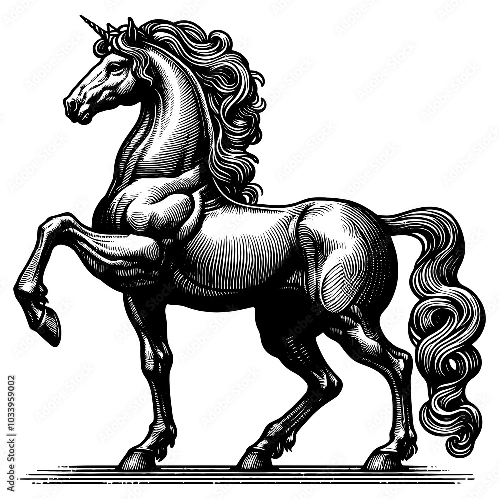 majestic unicorn rearing, with flowing mane and tail, evoking fantasy and magic sketch engraving generative ai PNG illustration. Scratch board imitation. Black and white image. majestic unicorn rearing, with flowing mane and tail, evoking fantasy and magic sketch engraving generative ai PNG illustration. Scratch board imitation. Black and white image.