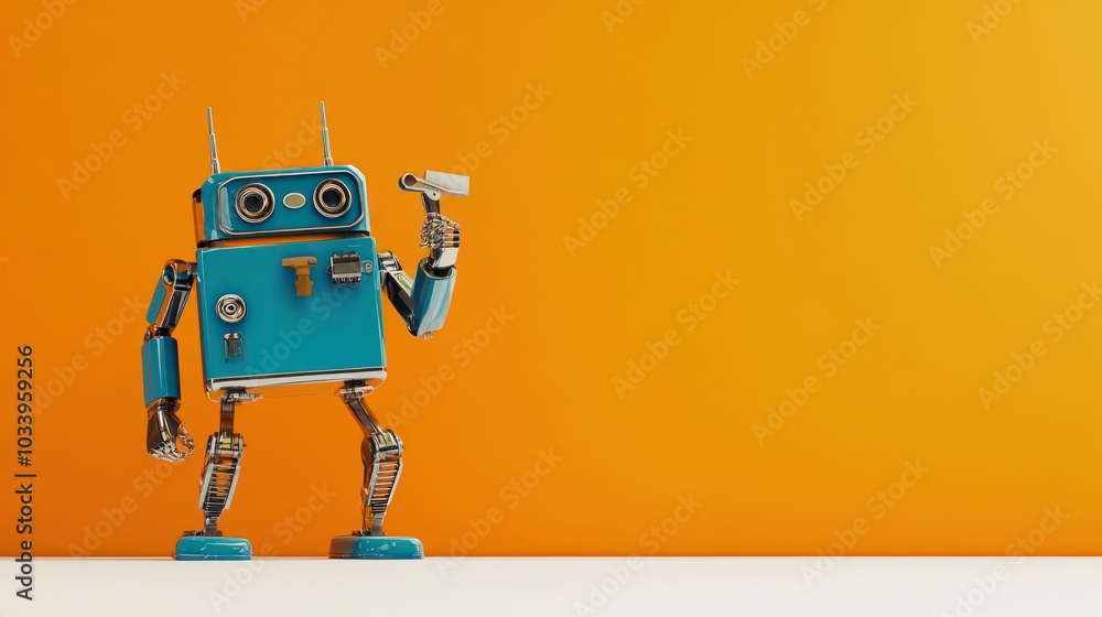 Fototapeta premium Blue Robot Holding a Blank Sheet of Paper
