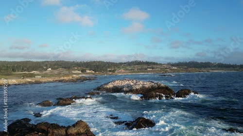 Small rock island in the sea with birds nesting. Aerial flying backwards, away from the coast. Pacific Grove, California, USA.