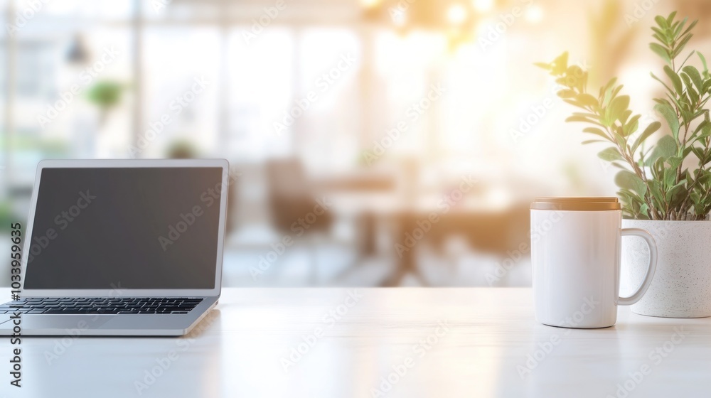 Laptop, Coffee Mug, and Plant on a Desk Laptop, Coffee Mug, and Plant on a Desk