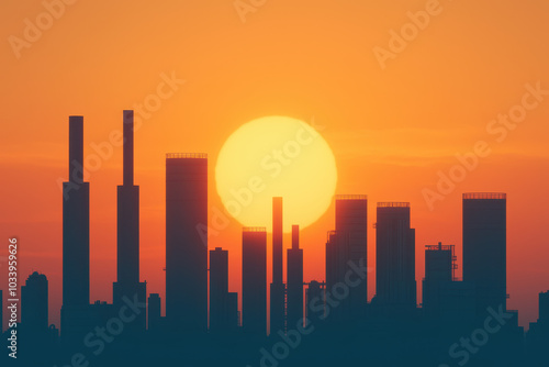 Stunning urban silhouette at sunset captivating cityscape with vibrant sun and towering skyscrapers