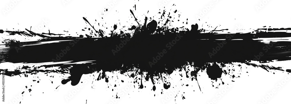 Naklejka premium Black ink splatter banner, horizontal streaks isolated on a white background.