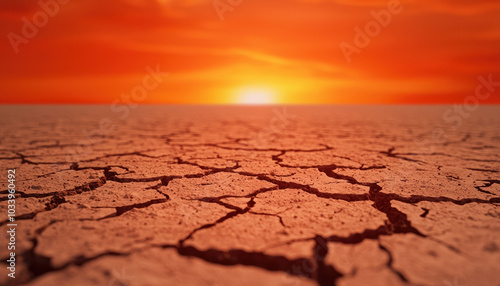 Drought and desolation a striking landscape of cracked earth under a fiery sunset symbolizing climate change challenges