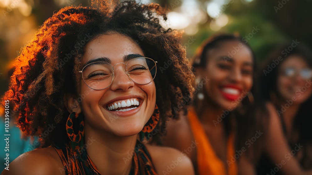 Three women laughing together outdoors. Three women laughing together outdoors.