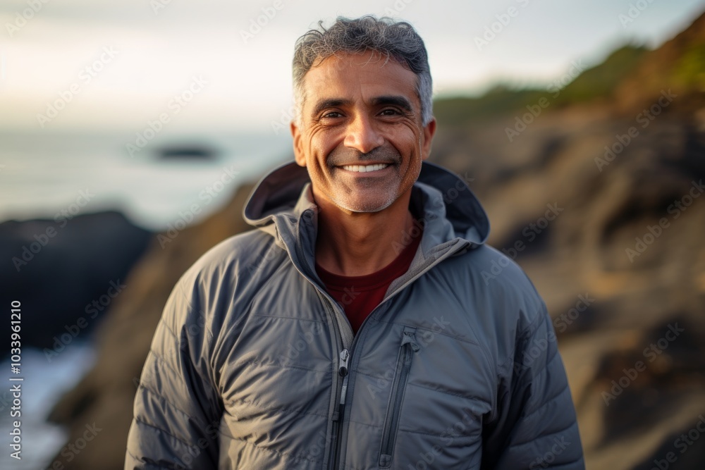 Portrait of a happy indian man in his 50s wearing a zip-up fleece hoodie in front of rocky shoreline background Portrait of a happy indian man in his 50s wearing a zip-up fleece hoodie in front of rocky shoreline background