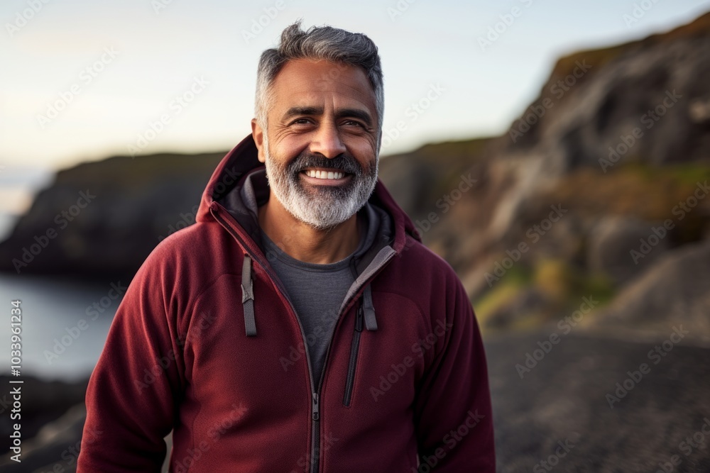 Portrait of a happy indian man in his 50s wearing a zip-up fleece hoodie on rocky shoreline background Portrait of a happy indian man in his 50s wearing a zip-up fleece hoodie on rocky shoreline background