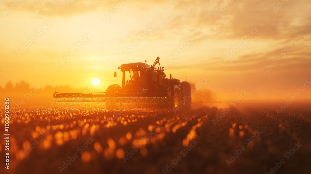 Fototapeta premium An ultra detailed, photorealistic scene of a futuristic seeding machine operating in a fog-covered field near a large lake at sunrise