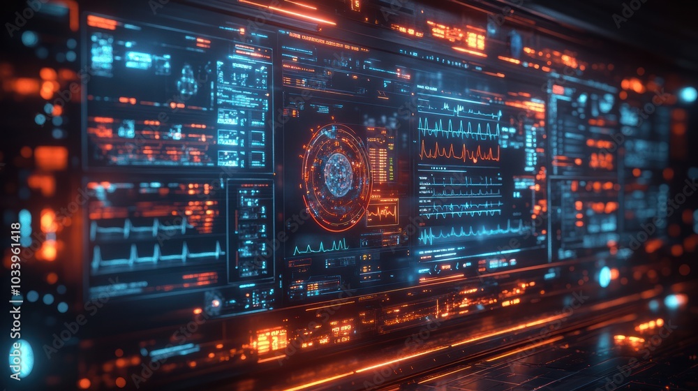 Futuristic digital interface displaying data and analytics. Futuristic digital interface displaying data and analytics.