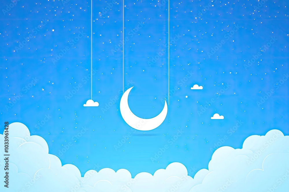 Naklejka premium Moon hanging in a blue sky with clouds, whimsical and dreamy scene.