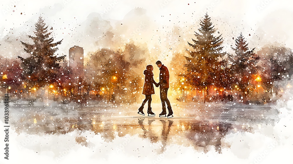 Romantic Winter Ice Skating Scene in Watercolor Art Romantic Winter Ice Skating Scene in Watercolor Art