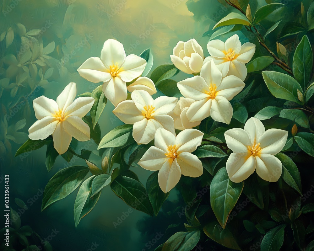 Vivid depiction of jasmine flowers in a natural habitat, showcasing their delicate petals and lush green surroundings for a serene garden scene Vivid depiction of jasmine flowers in a natural habitat, showcasing their delicate petals and lush green surroundings for a serene garden scene