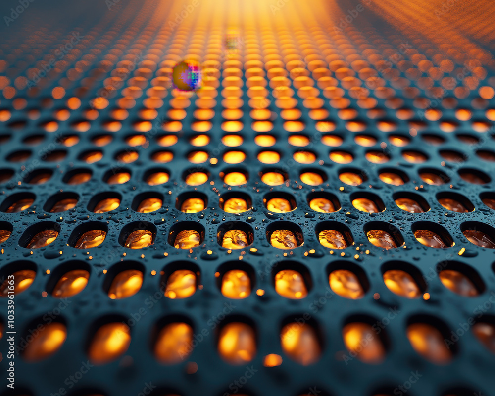 Fototapeta premium Exploring the intricate patterns of perforated metal surfaces illuminated by warm light and water droplets