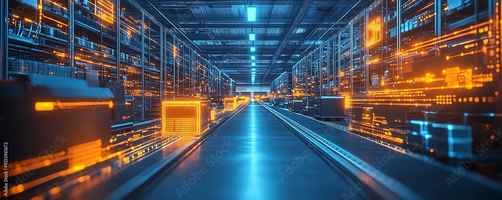Futuristic warehouse with automated sorting systems, advanced electronics, and bright LED lighting, capturing the essence of modern logistics and efficiency Futuristic warehouse with automated sorting systems, advanced electronics, and bright LED lighting, capturing the essence of modern logistics and efficiency