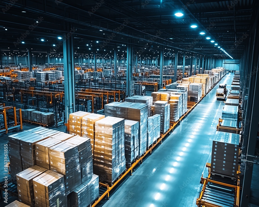 Hightech warehouse filled with advanced electronics and automated systems, goods being sorted under bright LED lighting, showcasing innovation in logistics Hightech warehouse filled with advanced electronics and automated systems, goods being sorted under bright LED lighting, showcasing innovation in logistics