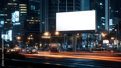 Illuminated Cityscape with Billboards and Blurred Traffic in Downtown Urban Nightscape