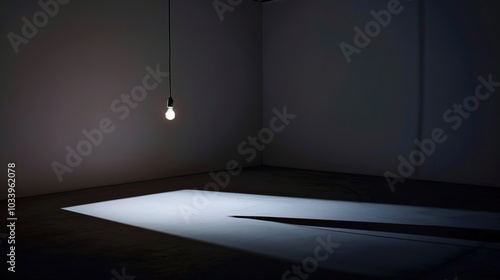 Dark empty room with single flickering light bulb casting long shadows, emphasizing absence of power and eerie atmosphere, minimalist setting with focus on light bulb's glow.