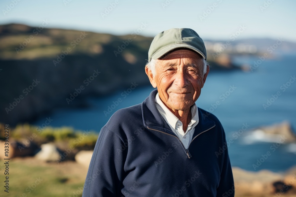 Portrait of a satisfied man in his 80s wearing a breathable golf polo on rocky shoreline background Portrait of a satisfied man in his 80s wearing a breathable golf polo on rocky shoreline background