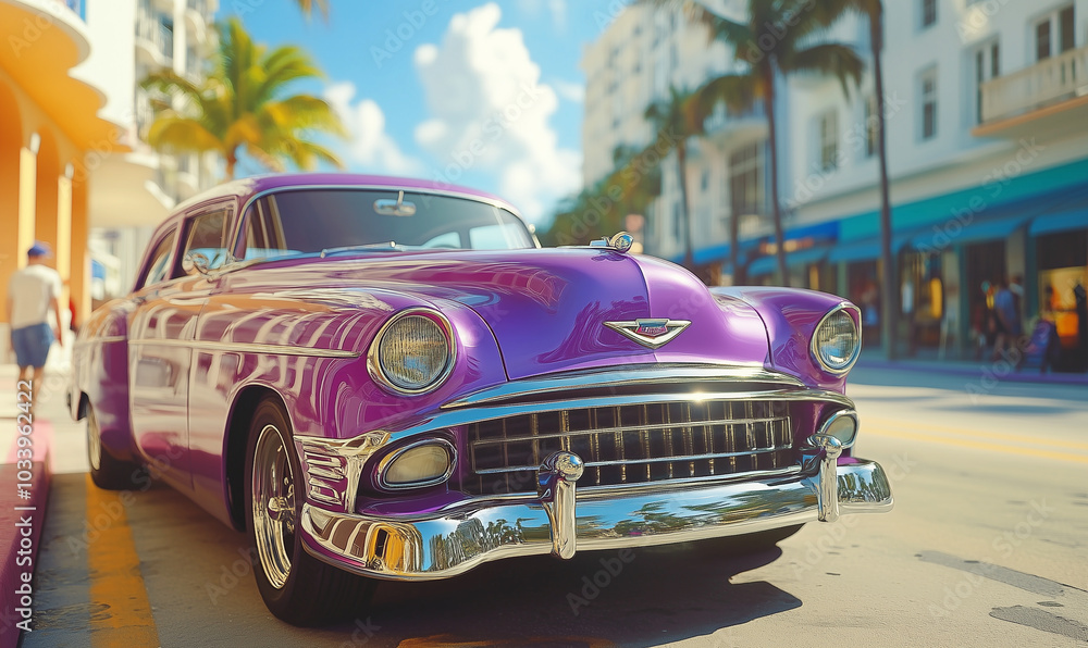 Obraz premium Vintage purple car on the streets in summer, generated ai