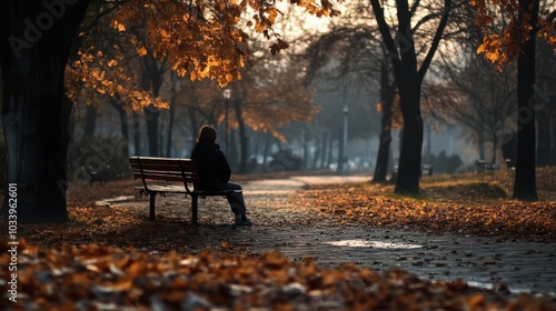 Fototapeta Naklejka Na Ścianę i Meble -  person sitting on a park bench, gazing into the distance with a forlorn expression,
