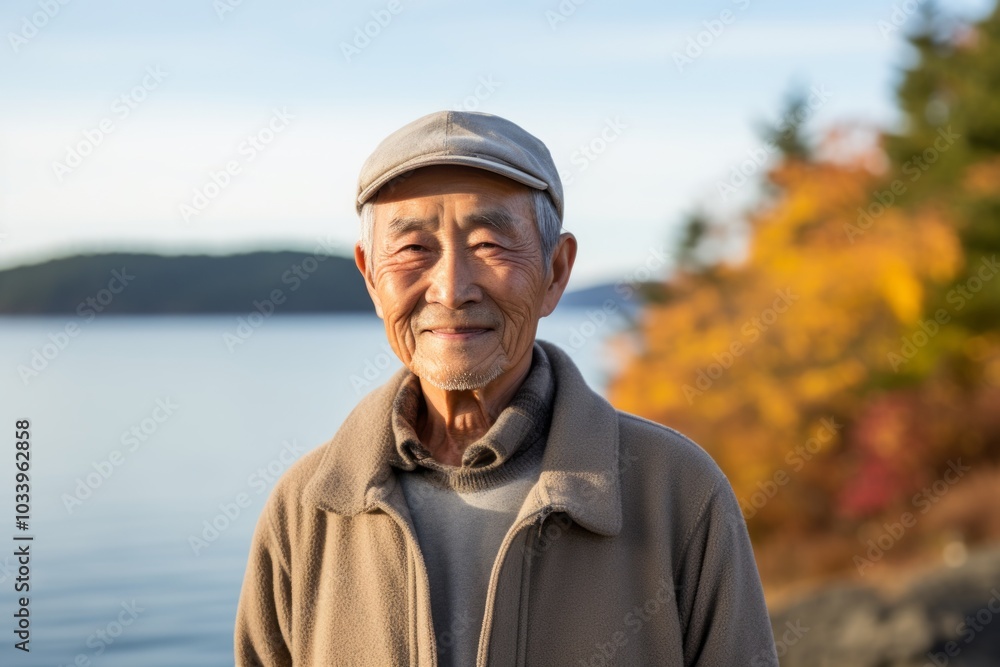 Portrait of a glad asian man in his 80s showing off a thermal merino wool top in rocky shoreline background Portrait of a glad asian man in his 80s showing off a thermal merino wool top in rocky shoreline background