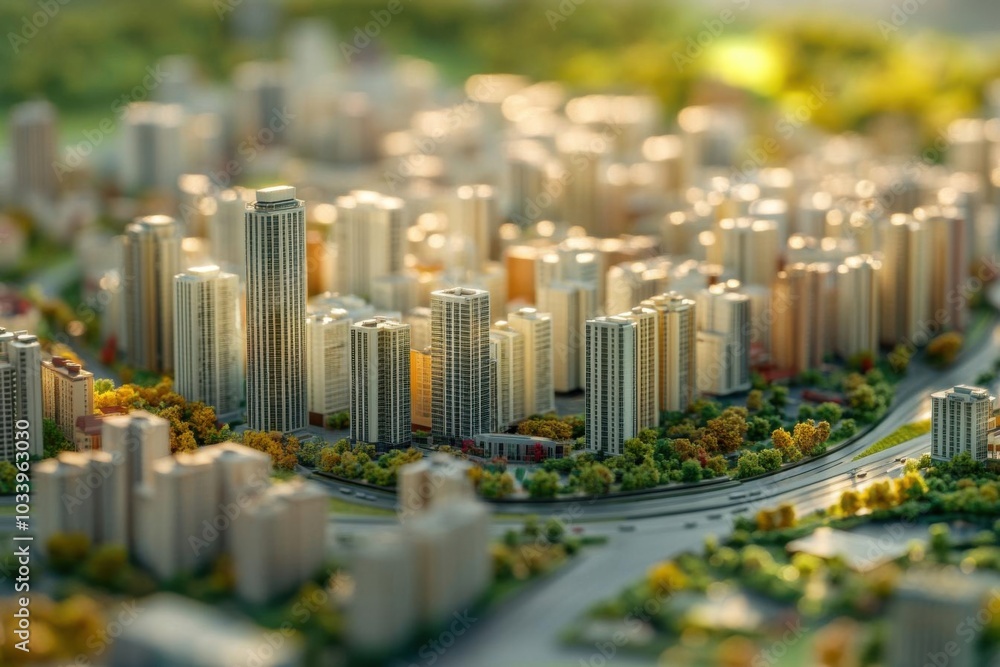 Obraz premium A detailed 3D scale model of a city, showing highrise buildings, roads, and parks
