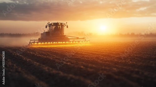 An ultra detailed, photorealistic scene of a modern seeding machine operating in a hilly landscape at dawn