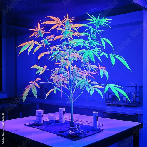 black light cannabis lab for THC in marijuana tree for alternative medicine science lab in phamacy industry photo