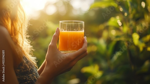 A health-conscious individual enjoying a glass of organic juice in a serene outdoor setting, surrounded by nature photo