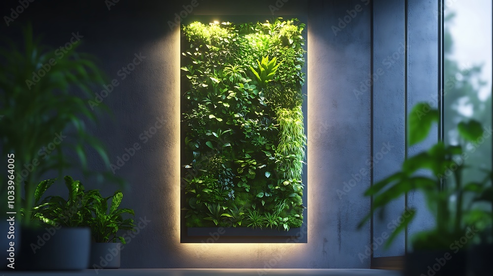 A sleek vertical wall-mounted terrarium featuring cascading green plants and lush moss, the plants flowing down gracefully from the top, illuminated by soft natural light, A sleek vertical wall-mounted terrarium featuring cascading green plants and lush moss, the plants flowing down gracefully from the top, illuminated by soft natural light,