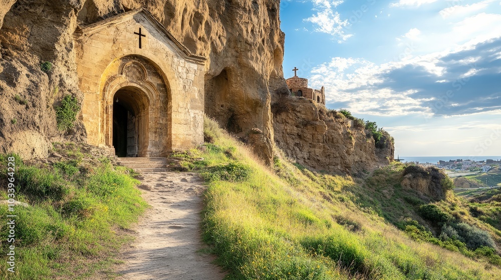 A historic church built into a cliffside, with a path leading up to its sacred entrance A historic church built into a cliffside, with a path leading up to its sacred entrance