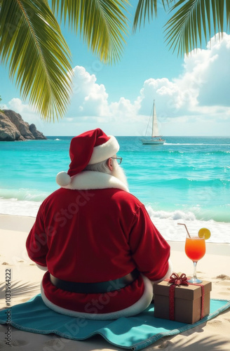 Santa claus relaxing on tropical beach after christmas photo