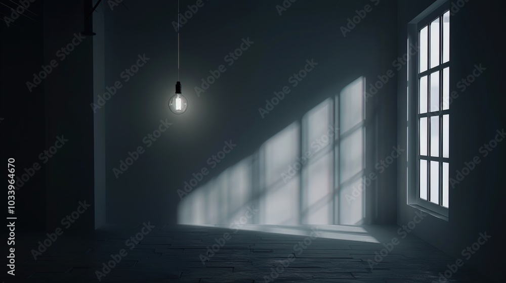 Dark empty room with single flickering light bulb casting long shadows, emphasizing absence of power and eerie atmosphere, minimalist setting with focus on light bulb's glow. Dark empty room with single flickering light bulb casting long shadows, emphasizing absence of power and eerie atmosphere, minimalist setting with focus on light bulb's glow.