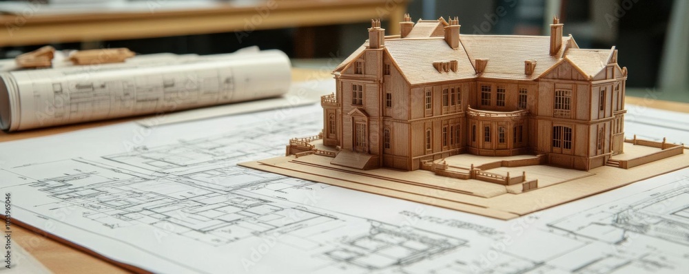 A historical building model set next to blueprints, used for restoration planning A historical building model set next to blueprints, used for restoration planning