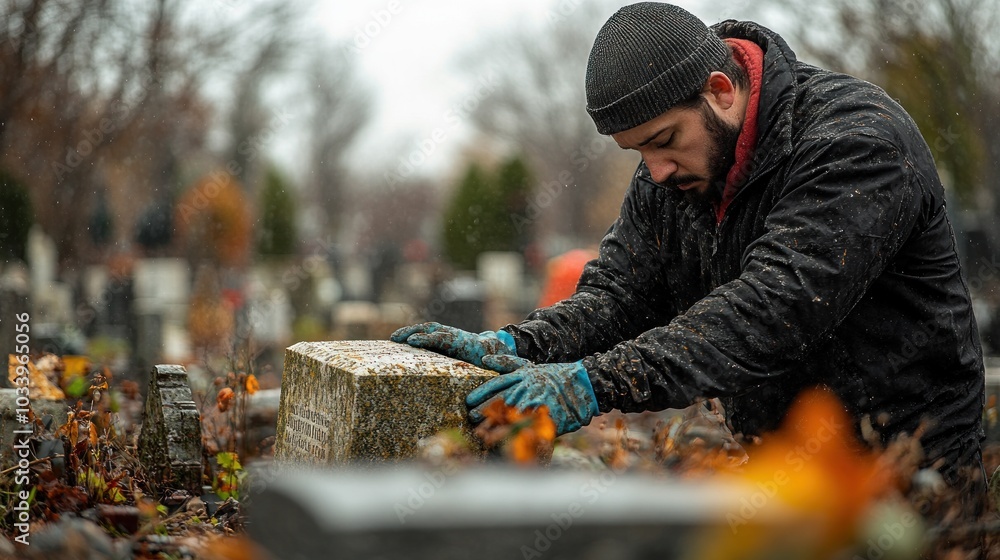 A person tending to a gravestone in a cemetery during autumn. A person tending to a gravestone in a cemetery during autumn.