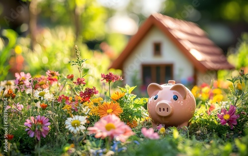 Cozy little house next to a piggy bank, representing savings for a dream home, surrounded by a picturesque garden full of colorful flowers and greenery photo