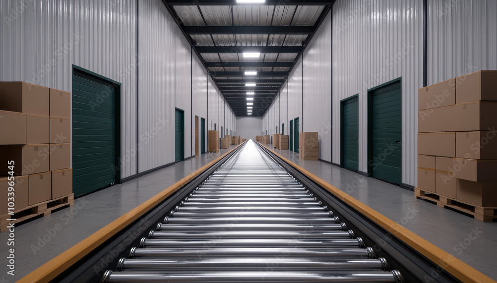 Fototapeta premium Exploring the efficiency of modern warehousing a deep dive into conveyor systems and streamlined logistics operations