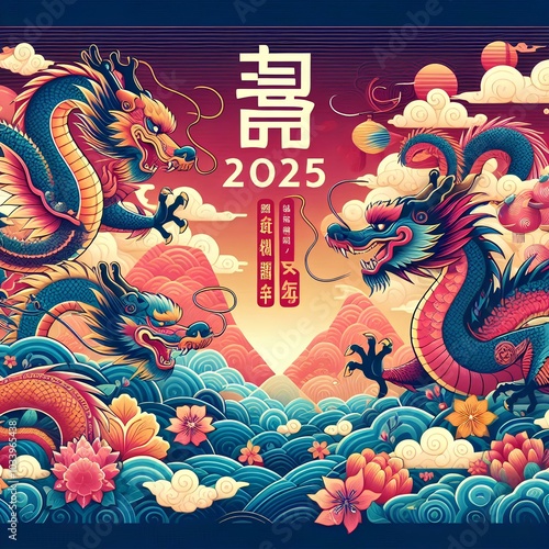 2025 Chinese new year, year of the banner template design paper cut style with beautiful flowers background.