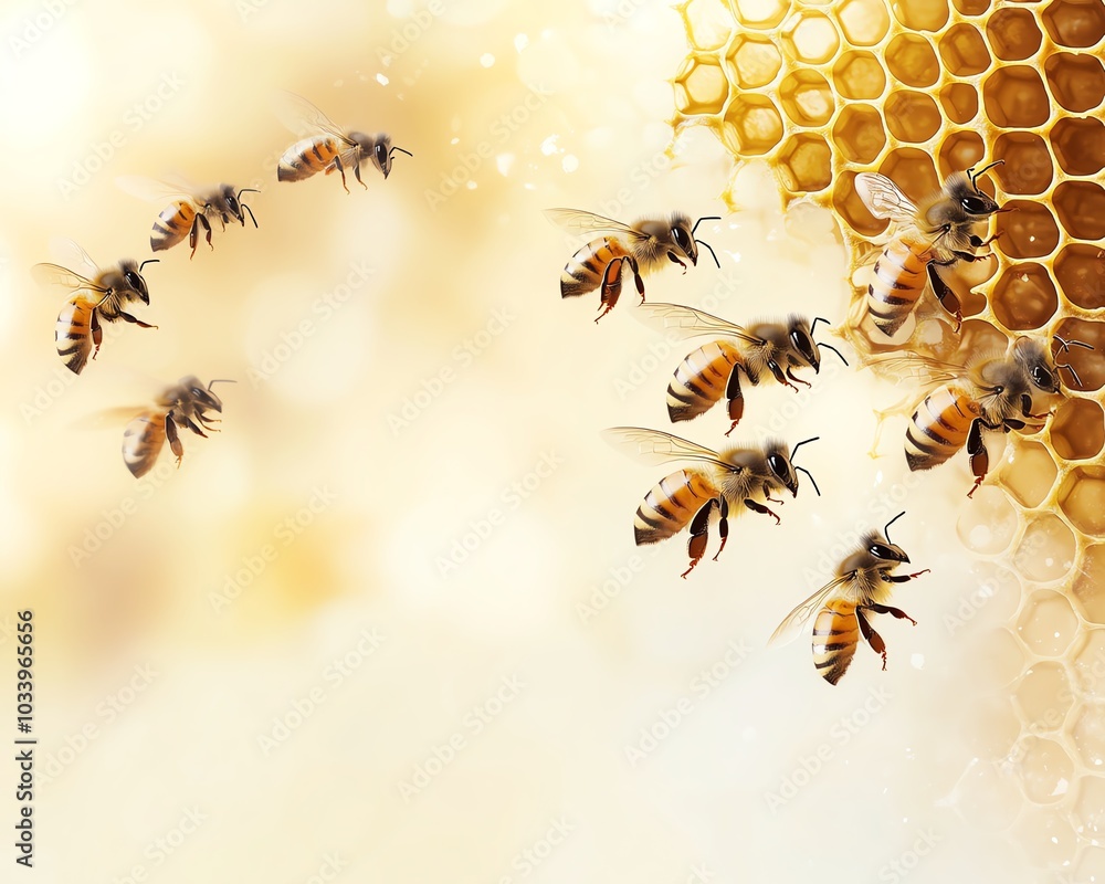 Fototapeta premium Dynamic bees hovering near a detailed honeycomb design, set against a clear background that allows for text, showcasing the industrious spirit of nature